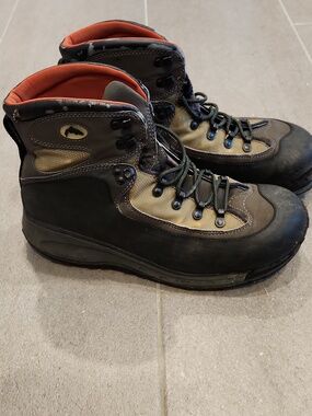 Simms Gray and Olive Fishing Wading Boots with Orange Lining
